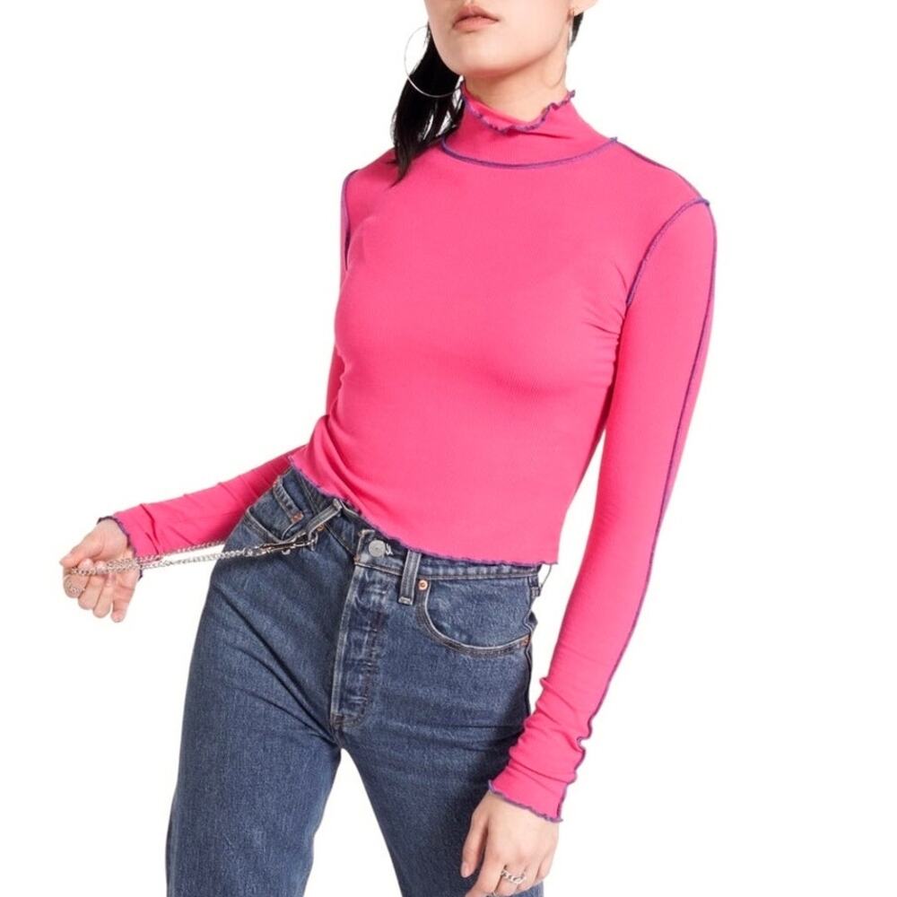 BP. x Wildfang Hot Pink Lettuce Edge Mock Neck Shirt Size M New With Tag